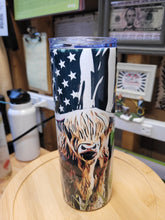 Load image into Gallery viewer, Highland Cow, Tattered Flag 20 oz Stainless Steel Tumbler
